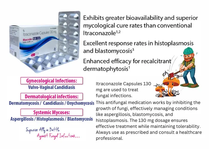 Itraconazole Capsules 130 mg are used to treat fungal infections.